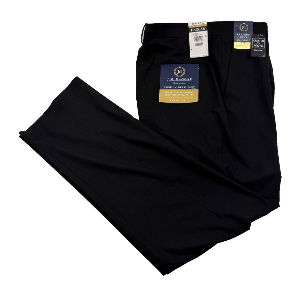 $80 NEW JM HAGGAR Mens 38x34 Solid Black Classic Fit Stretch Dress Pants/Slacks